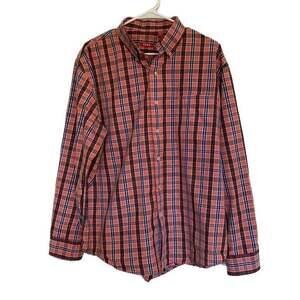 Izod Orange Blue Plaid Long Sleeve Button Up Shirt Men's Size Large